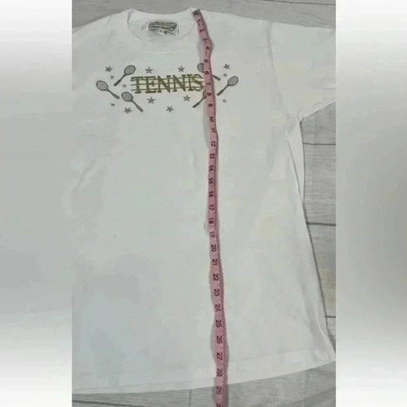 Vintage STUDZ Connection white Gold Tennis T shirt Top woman’s size L Embellish - Picture 11 of 13